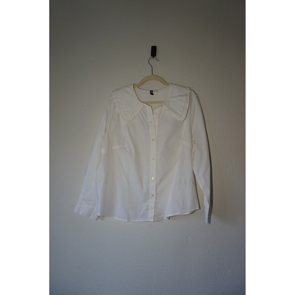 H&M Divided Cotton Button Down Shirt Ruffle Whimsical Cottagecore White Large
